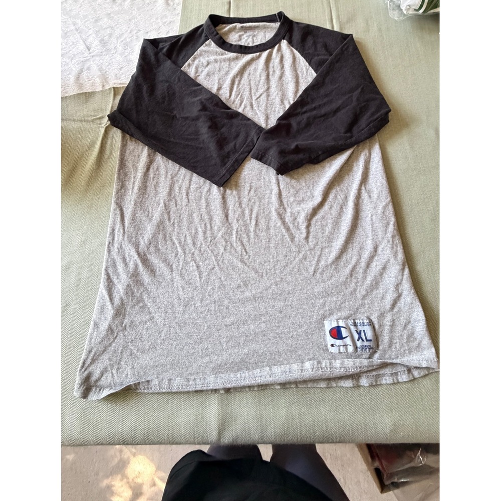 Champion Mens Raglan Baseball T-Shirt Gray Black 3/4 Sleeve XL